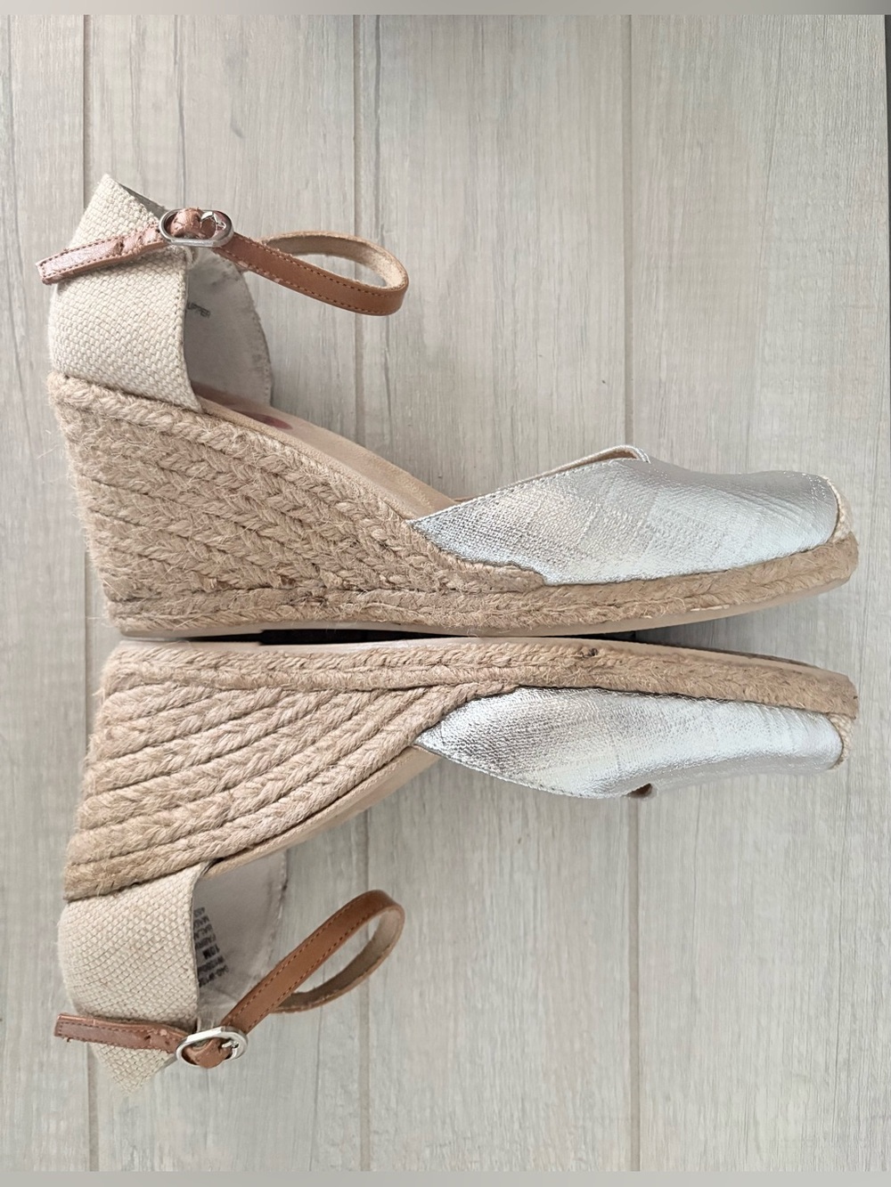 White Mountain Silver Metallic Espadrille Wedges with Tan Ankle Straps size 10